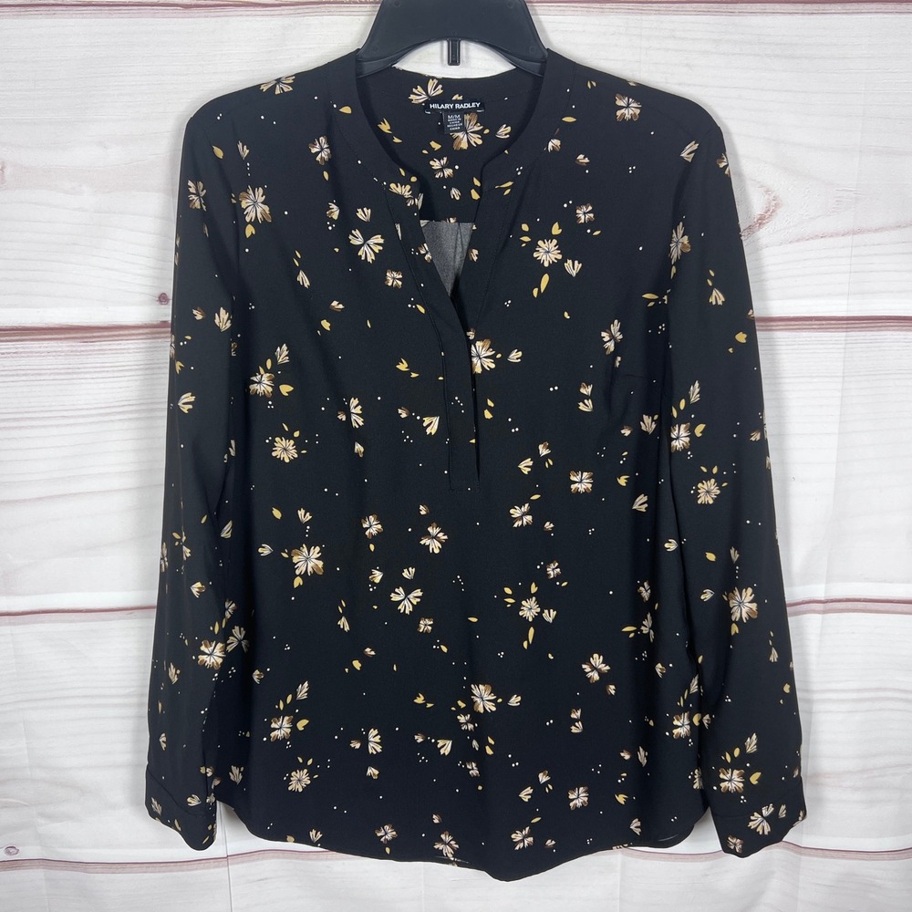 Hilary Radley Blouse Women Medium Black Floral Long Sleeve V-Neck Office Wear